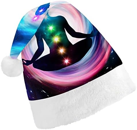 การทำสมาธิในอวกาศกับ Chakras Christmas Hat Santa Claus Hats สั้น ๆ พร้อมกับผ้าพันแขนสีขาวสำหรับผู้ชายผู้หญิง Xmas วันหยุดปาร์ตี้ตกแต